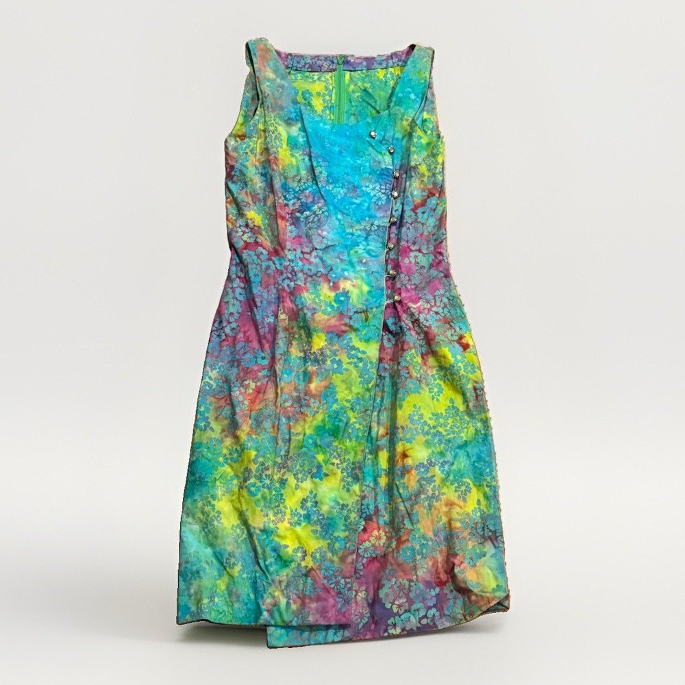 Vintage 60s Psychedelic Tie Dye Floral Hawaiian Dress Maxi M Handmade Shaheen